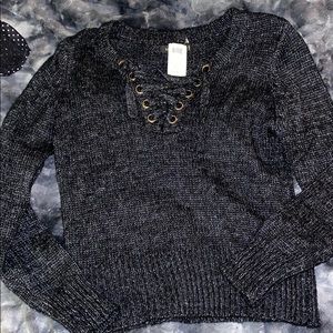 Lace up eyelet knit sweater
